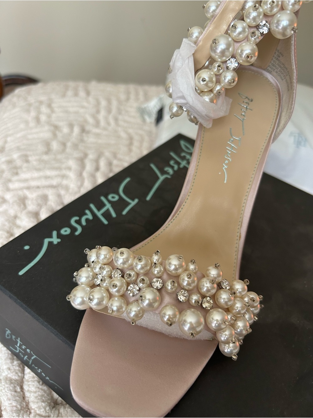Betsey Johnson Blush Satin Pearl-Cluster High Heel Sandals - Picture 3 of 5